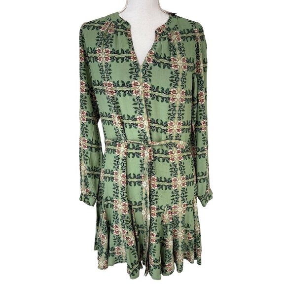 LOFT Dress New Size Small Tiled Vine Green Dress w/ Tie Long Sleeve NWT - Picture 2 of 13